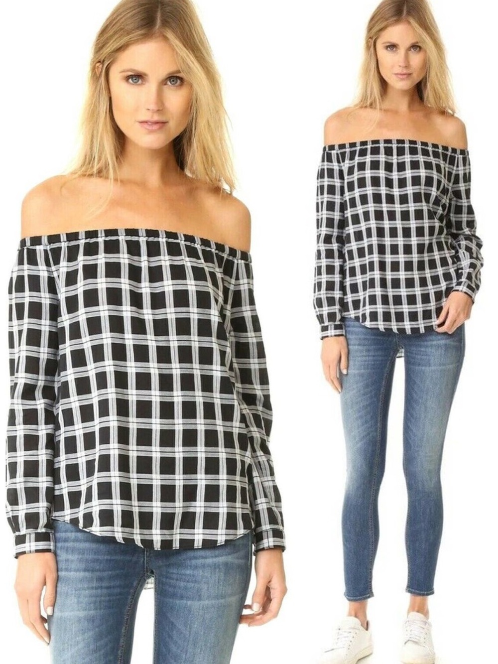 Rag & Bone Greta Blouse in Black And White Plaid Size S EUC Preppy Peasant